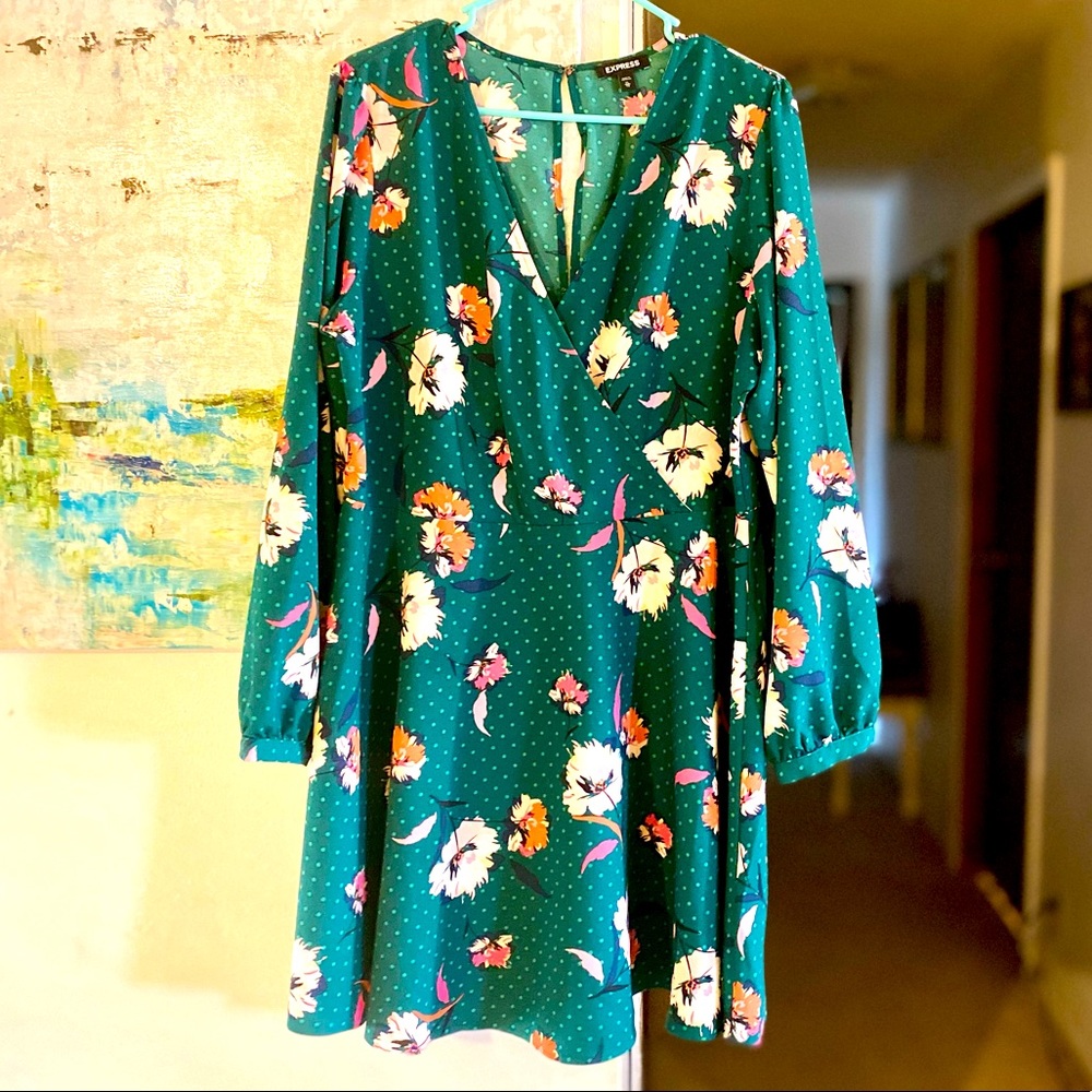 Express Fit and Flare Dress-Green Floral Polka Dot